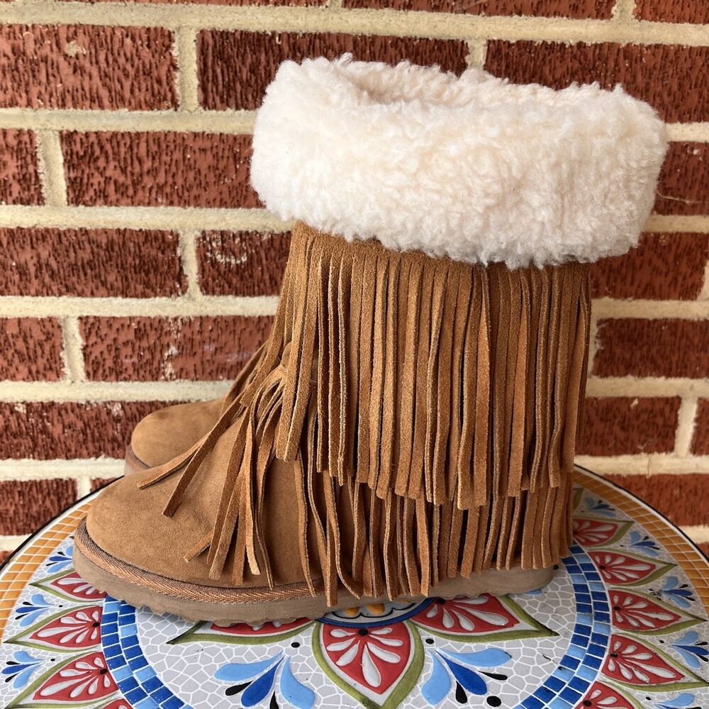 Madden Girl Sleet Wedge Womens 10 Tan Suede Fringe Leather Faux Fur Lined Boots